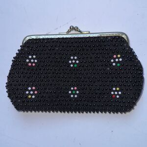 Vintage mid century black &  multi‎ color beaded small snap top bag